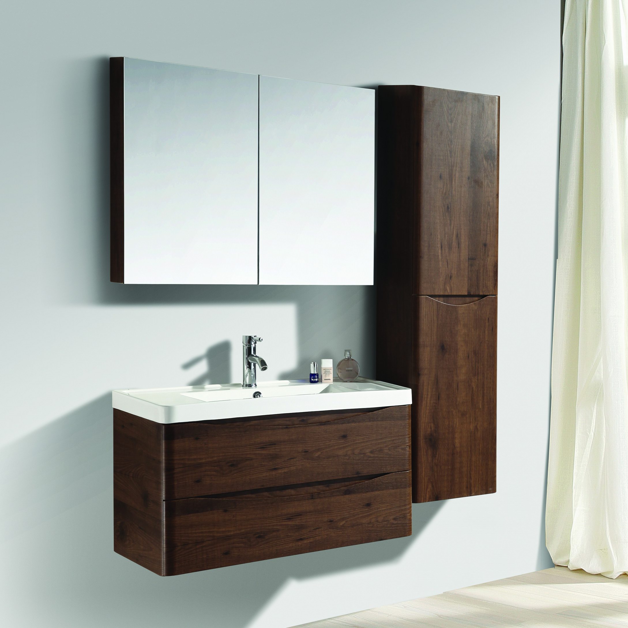 Wall Hanging PVC Thermoformed Modern Bathroom Basin Cabinet Vanity Set with Mirror Cabinet And Side Storage Cabinet
