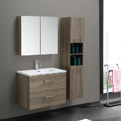 Wall Mounted Bathroom Cabinet Wood Color With 2 Doors and Side Cabinet