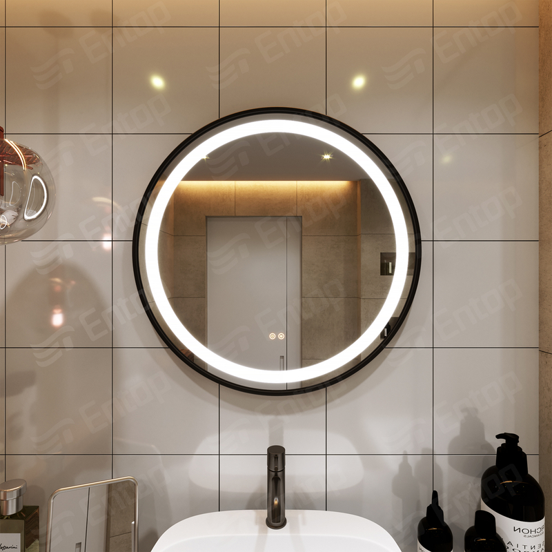 LED Mirror With Lights Round With Black Iron Frame